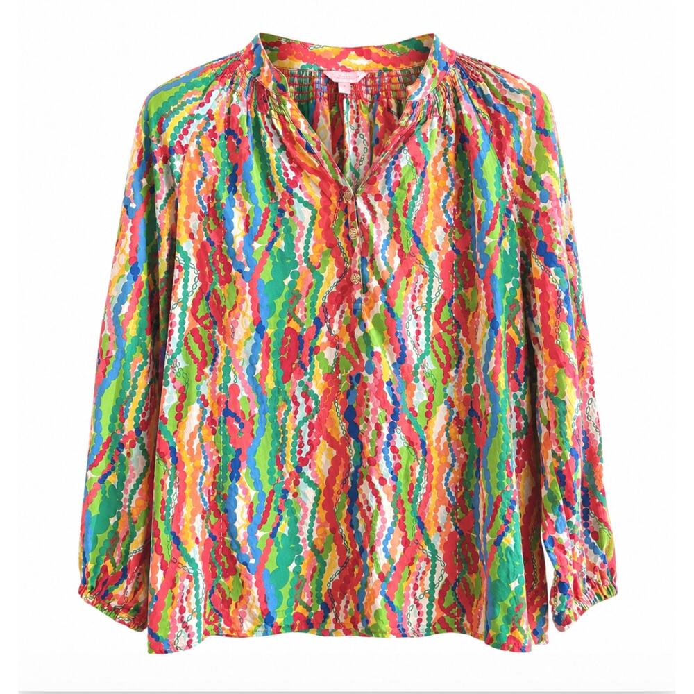 Lilly Pulitzer 100% Elsa Silk Multicolor Abstract Print Blouse Top M Lightweight